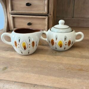 Vintage Stangl Pottery Amber Glo Lidded Sugar Bowl Creamer 1950’s USA Hand Paint